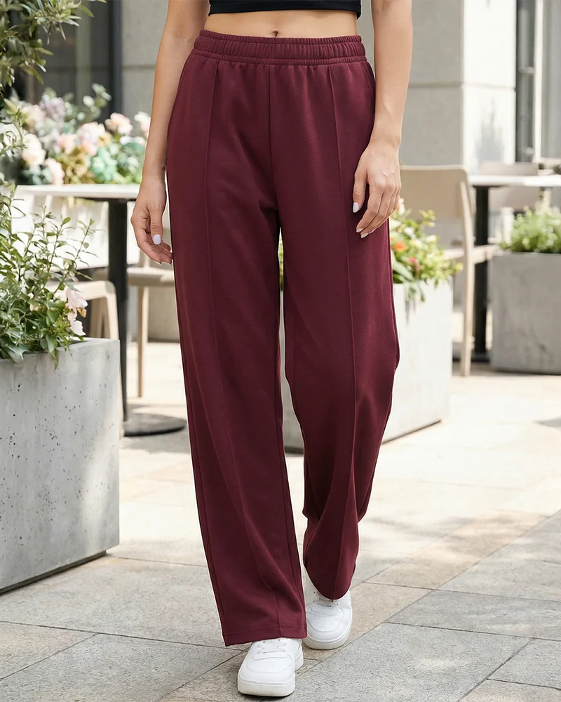bewakoof Women's Tawny Port Maroon Wide Leg Track Pants